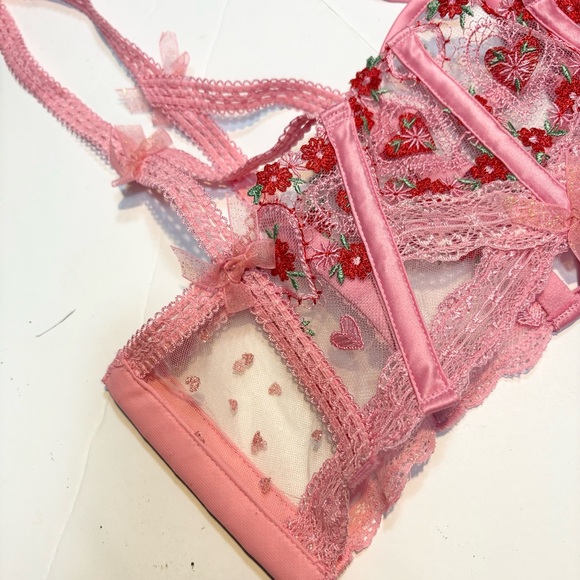 For Love and Lemons Pink Red Hearts Flower lace garter belt - Picture 4 of 12